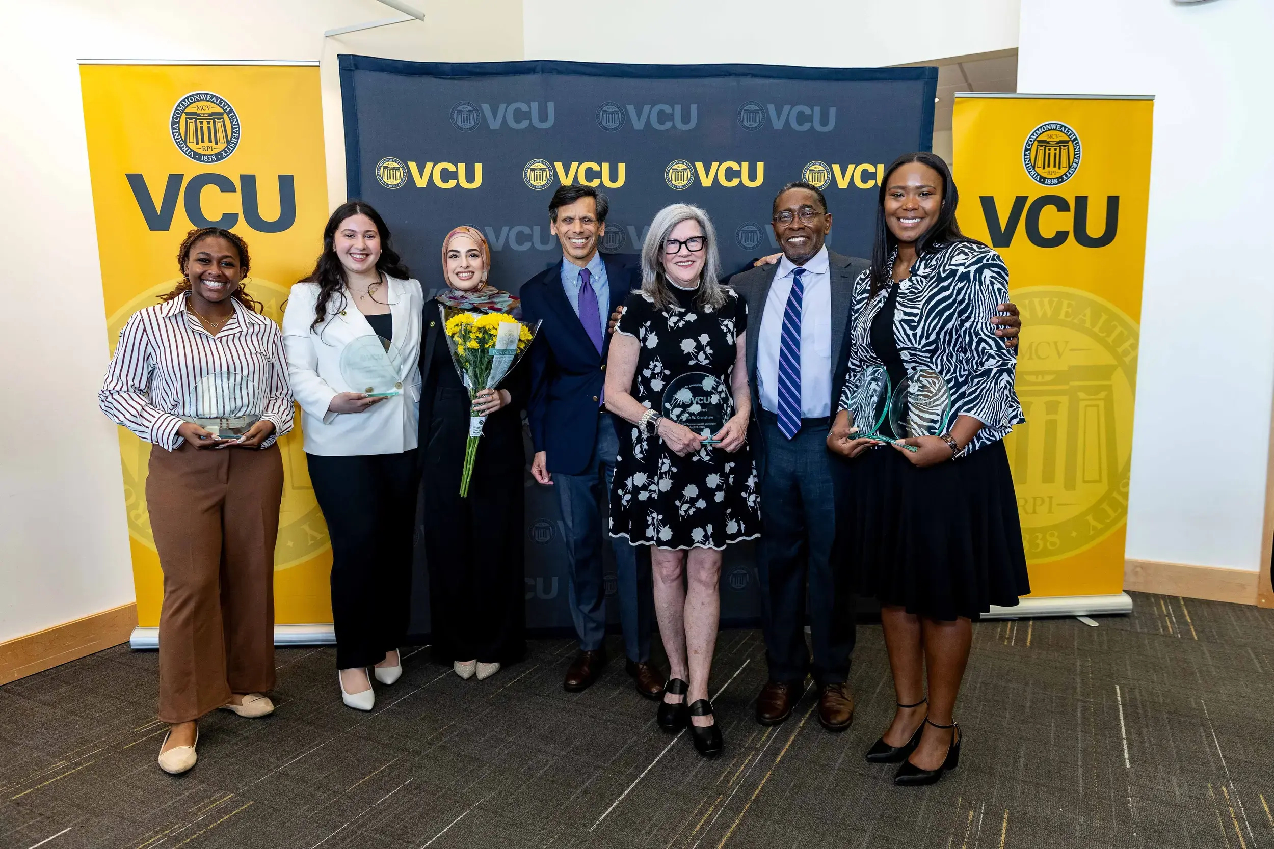 Tobi Ojo, Noor Chouman, Jumana Meri, VCU President Michael Rao, Judith Crenshaw, Christopher Brooks, Chelsea Gary 2025 PACME Honorees