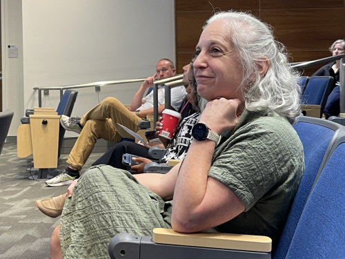 Tracey Gendron, Ph.D., interim associate dean of faculty, CHP, chair and professor, gerontology, looks on during the Welcome Town Hall.