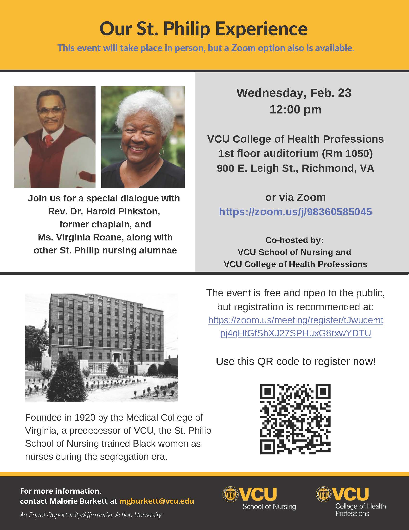 Our St Philip Experience Weds Feb 23 2022 Join us for a special dialogue with Rev. Dr. Harold Pinkston, former chaplain, and Ms. Virginia Roane, along with other St. Philip nursing alumnae